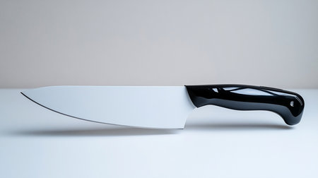 A chef's knife with a shiny, white blade and a glossy black handle. The handle has a curved ergonomic design.の素材