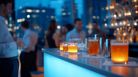 Two glasses filled with amber-colored cocktails, sitting on a bar with stainless steel shakers. The drinks have a warm glow.の素材