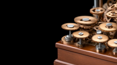 Detailed view of brass gears and steel screws, part of a complex clockwork mechanism, mounted on a polished wooden base.の素材