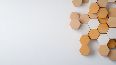 A cluster of 3D hexagonal tiles in warm tones of beige, orange, and white. Some tiles feature a subtle wood grain texture while others are smooth and matte.の素材