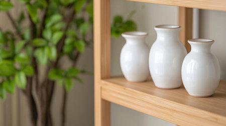 Three white ceramic vases with a glossy finish and a golden rim, arranged on a light-colored wooden shelf. The vases have a rounded shape.の素材