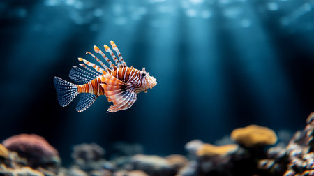 Graceful lionfish, adorned with vivid orange and white stripes, displaying its wide-spread, intricate fan-like fins and spiky features.の素材