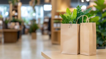 Pair of brown kraft paper shopping bags, one holding fresh green foliage and a silver beaded charm, displaying a textured, matte finish.の素材