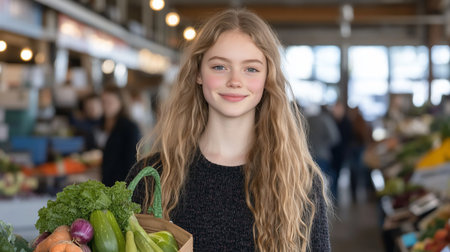 A cheerful young woman with long wavy blonde hair and a dark textured sweater holds a brown bag filled with vibrant fresh market vegetables.の素材