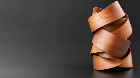 A stack of wooden ribbons, spiraling upwards. The wood has a warm, brown color with visible grain. The ribbons are smooth and curved.の素材