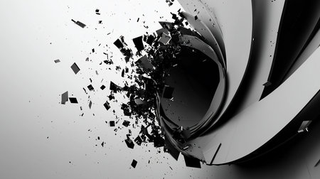 A dark, glossy, layered sphere disintegrates with explosive force, sending a cloud of sharp, geometric fragments flying outwards in a chaotic, dynamic motion.の素材