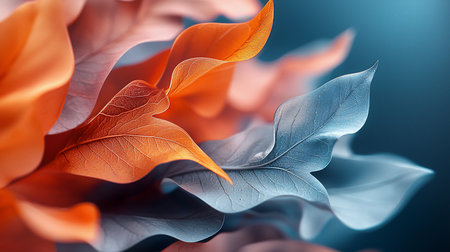 Close-up of overlapping leaves, showcasing orange and blue hues. Detailed vein structures are visible, creating a textured appearance. The leaves have a smooth, glossy surface.の素材