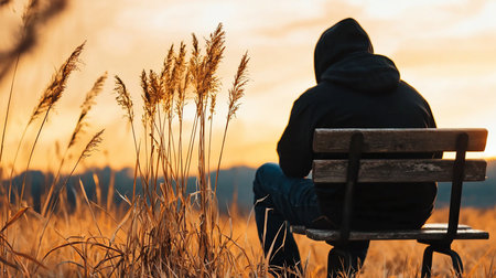 Rear view of a person in a black hooded sweatshirt and blue jeans, seated on a simple wooden bench with a dark metal frame. The hood is up, obscuring their identity.の素材