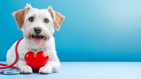 A fluffy white terrier mix dog with tan ears, wearing a red stethoscope, holds a glossy red heart. The dog lies down with a happy, open-mouthed expression.の素材