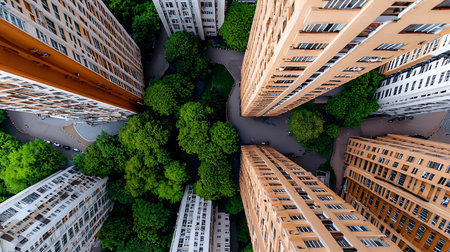 High-angle shot of multiple tall apartment buildings with beige and white facades, interspersed with lush green trees and winding roads.の素材