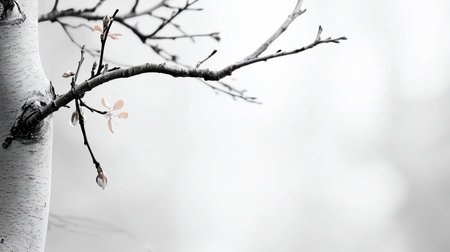 A tree branch with delicate, pale pink blossoms and buds, set against a soft, blurred white backdrop. The bark is textured.の素材