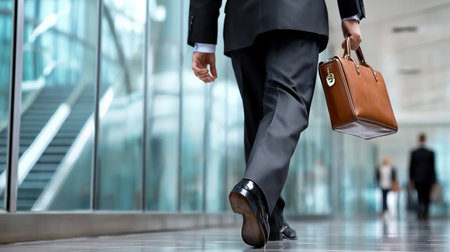 Businessman in dark suit walking, carrying a brown leather briefcase, wearing shiny black shoes, viewed from behind.の素材