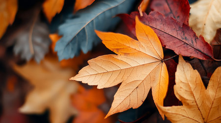 A close-up view of a large, orange leaf with prominent veins and a textured surface. The leaf's edges are slightly curled.の素材