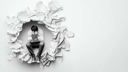 A man, dressed in a button-down shirt and jeans, sits with his head in his hands. He is surrounded by crumpled white paper.の素材