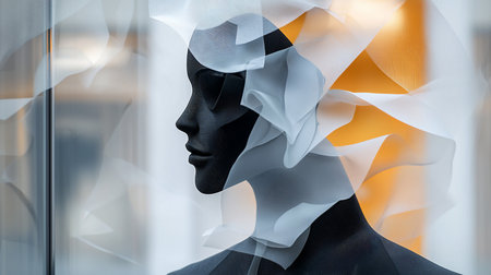 A dark, textured mannequin head and shoulders in profile, adorned with flowing, translucent white fabric, creating an abstract and artistic composition.の素材
