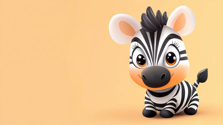 A cute, stylized baby zebra with black and white stripes, big glossy brown eyes, and a spiky black mane. The character is sitting down with a gentle, friendly smile.の素材