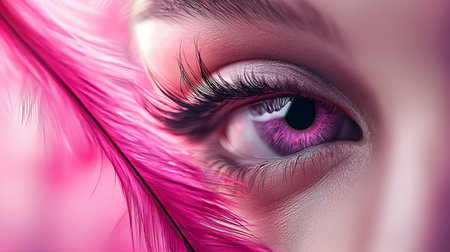 Detailed macro shot of a pink eye with long lashes, complemented by a soft pink feather, showcasing intricate textures and vibrant color.の素材