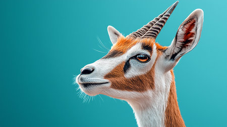 Close-up of a gazelle's head, showcasing its brown and white fur, detailed horns, and expressive eye, set against a teal backdrop.の素材
