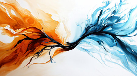 Vibrant abstract art with contrasting warm orange flame-like swirls and cool blue water-like flows, connected by dark organic branches, painterly texture.の素材