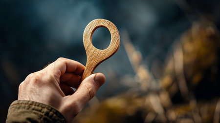 A hand holds a small, light brown wooden magnifier with a circular lens opening, showcasing the wood's natural grain.の素材