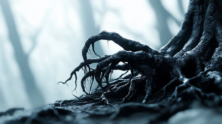 Close-up of dark, gnarled tree roots with intricate textures and twisted branches, set against a misty, blurred background.の素材