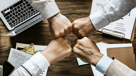 Four fists, representing diverse individuals, are touching in a gesture of unity and agreement. The hands are positioned in the center, symbolizing collaboration.の素材