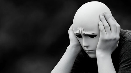 Person with a smooth white mask, hands on head, looking down, creating a somber mood in monochrome.の素材