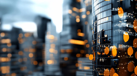 Sleek, dark blue glass skyscraper with a curved facade and prominent structural lines. Reflective surface shows warm orange light bokeh.の素材