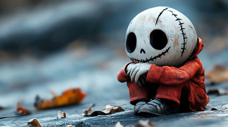 White, round, distressed doll head with black stitched lines and empty eye sockets, atop a textured red fabric body, sitting with clasped hands.の素材