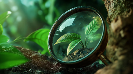A magnifying glass reveals a small plant with green leaves growing in soil, showcasing intricate details. The glass has a brown frame.の素材