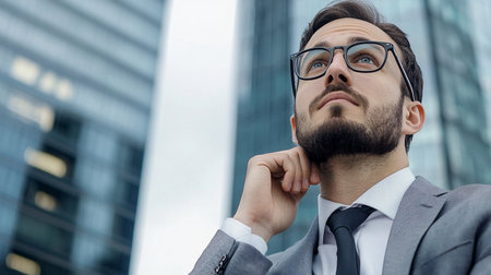A handsome, bearded professional in black-rimmed eyeglasses and a formal grey suit looks upward with a contemplative gaze, his hand resting gently on his neck.の素材