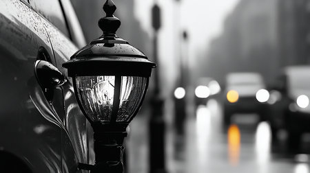 A detailed close-up of a black, ornate street lamp. It features a textured glass enclosure, a decorative top, and is covered in raindrops.の素材