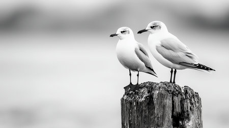 Two white seagulls with dark beaks and legs stand on a weathered wooden post. Their feathers are smooth, and they appear to be observing something.の素材