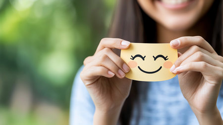 A vibrant yellow paper cutout featuring a hand-drawn happy face with closed eyes, long lashes, rosy cheeks, and a wide smile.の素材