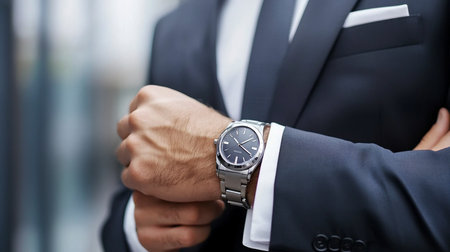A man's arm wearing a classic silver wristwatch with a black dial and metal bracelet, emerging from the cuff of a white shirt and a dark, textured suit jacket.の素材