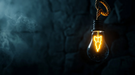 A lit light bulb hangs from a rope, with a glowing interior design. The bulb is clear, the interior is yellow.の素材