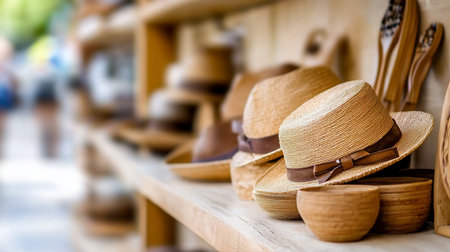 Several woven straw hats with brown leather bands and bows are displayed on a wooden shelf. The hats have a textured, natural appearance.の素材