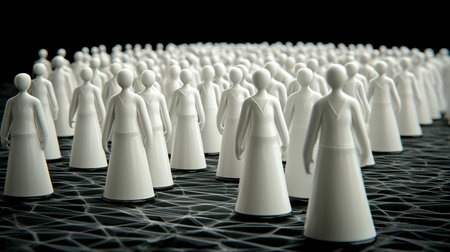 A multitude of smooth, white, faceless humanoid figures standing in organized rows, each wearing an identical, minimalist long gown with a simple V-neck detail.の素材