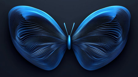 Stylized blue butterfly with layered, curved wings and a smooth, elongated body, set against a dark, gradient background.の素材
