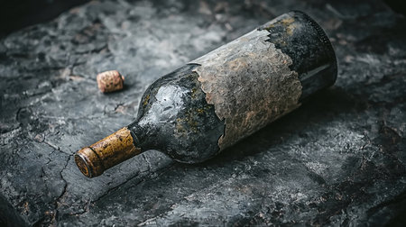 An old, dark wine bottle with a peeling label and a cork lying nearby. The bottle has a weathered appearance.の素材