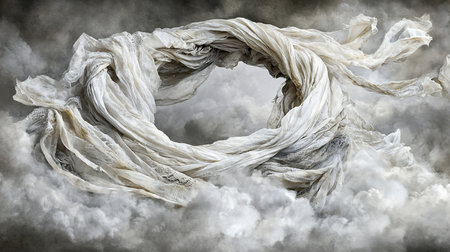 Swirling white fabric with lace details, creating a circular form, surrounded by soft, cloudy textures, with a neutral color palette.の素材