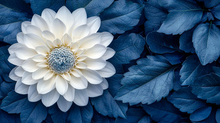 Pristine white dahlia flower with numerous soft, layered petals. The intricate central disc florets are tightly packed, displaying a unique textured light blue-grey hue.の素材