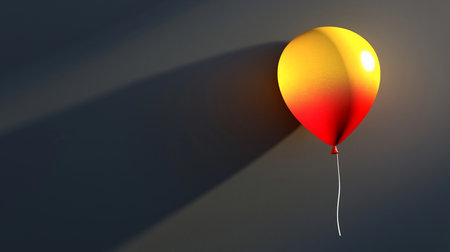 A vibrant balloon with a gradient of yellow to red, attached to a white string. The balloon casts a long shadow.の素材
