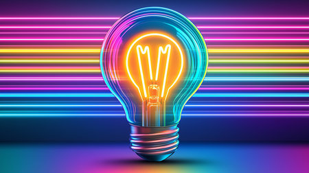 A vibrant neon light bulb with a bright orange filament, encased in a transparent glass shell, and a metallic base. The bulb glows brightly.の素材