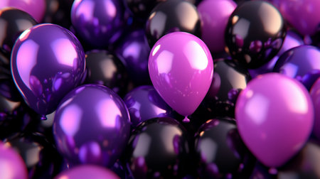 A collection of glossy balloons in shades of purple, pink, and black, creating a visually striking and reflective surface.の素材