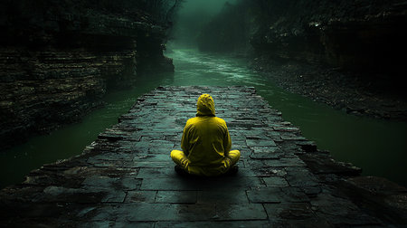 Person in a bright yellow raincoat, seated in a meditative pose on a dark stone pier, facing away from the viewer.の素材