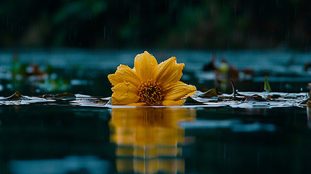 A bright yellow flower, with multiple petals, floats on water. The flower is wet with raindrops, reflecting in the water below. The flower's center is brown.の素材