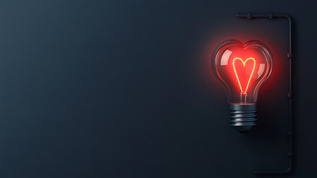 This unique heart-shaped light bulb, made of clear glass, emits a warm red glow from its heart-shaped filament, connected by a dark conduit.の素材
