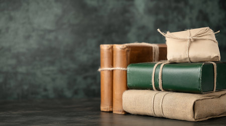 A vintage arrangement of old books and wrapped packages. The stack includes brown leather tomes and parcels in green paper, burlap, and kraft paper, all bound with jute string.の素材