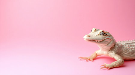 A small, white alligator with detailed, textured scales and scutes. It has sharp teeth, a curious expression, and a prominent eye with a vertical pupil.の素材